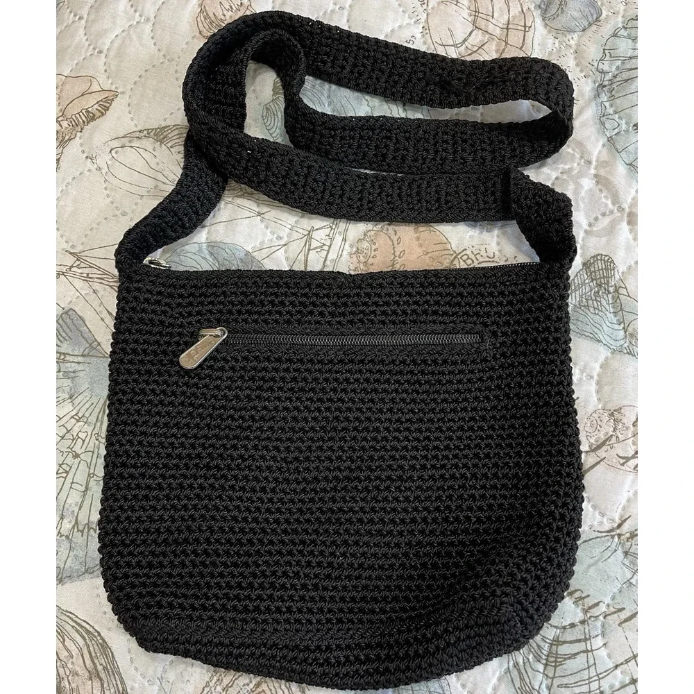 Vintage The Sak 1990's Woven Hand Crochet‎ Shoulder Bag Black Hobo Boho Zip 9x7